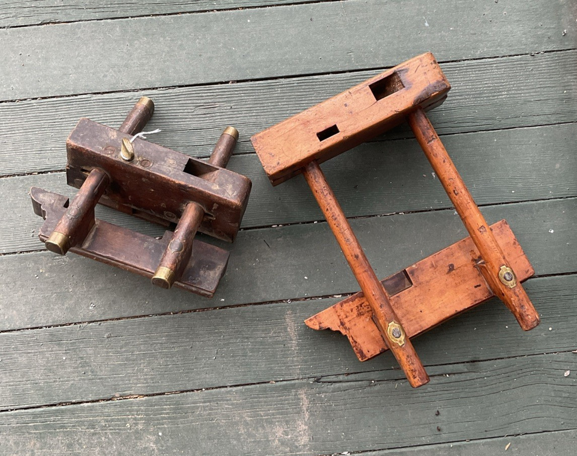 ANTIQUE Pair WOODWORKING HAND PLANE WOOD & BRASS SASH PLOUGH Plow Barnard Master