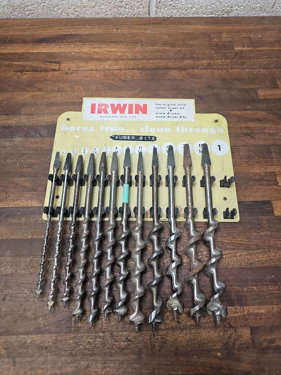 Q61- Vintage Irwin Auger Drill Brace Bit Set Display Rack Sign