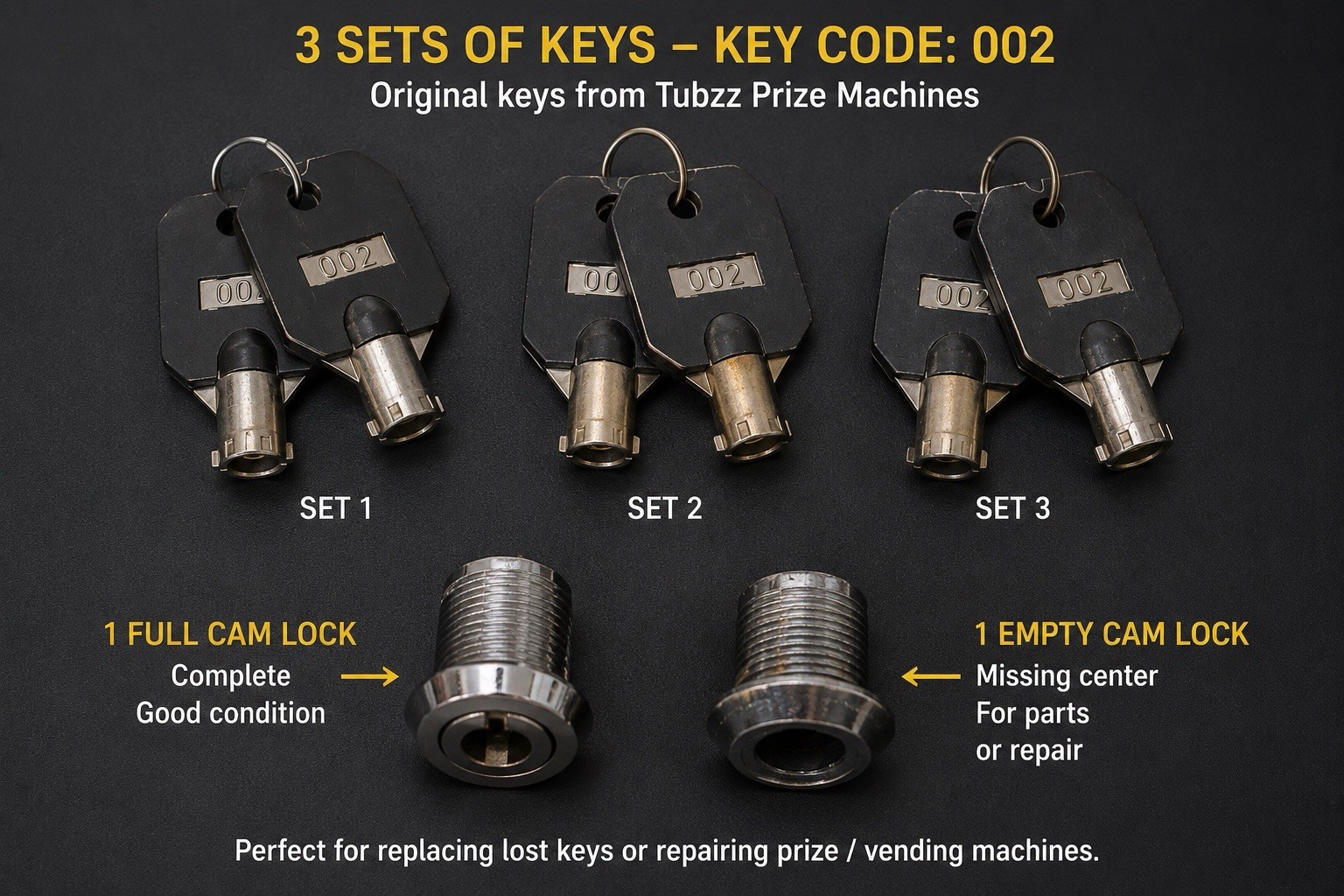 3 Sets Tubular Cam Lock Keys Code 002 + 1 Cam Lock + 1 Parts Lock Tubbz