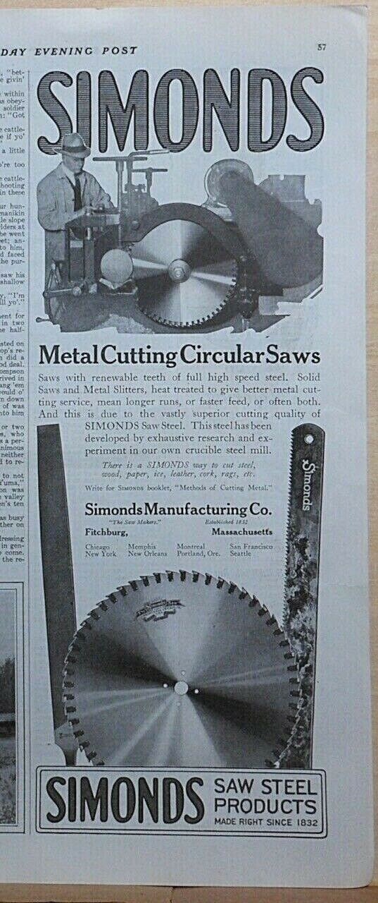 1920 magazine ad for Simonds Metal Cutting Circular Saws – made right since 1832
