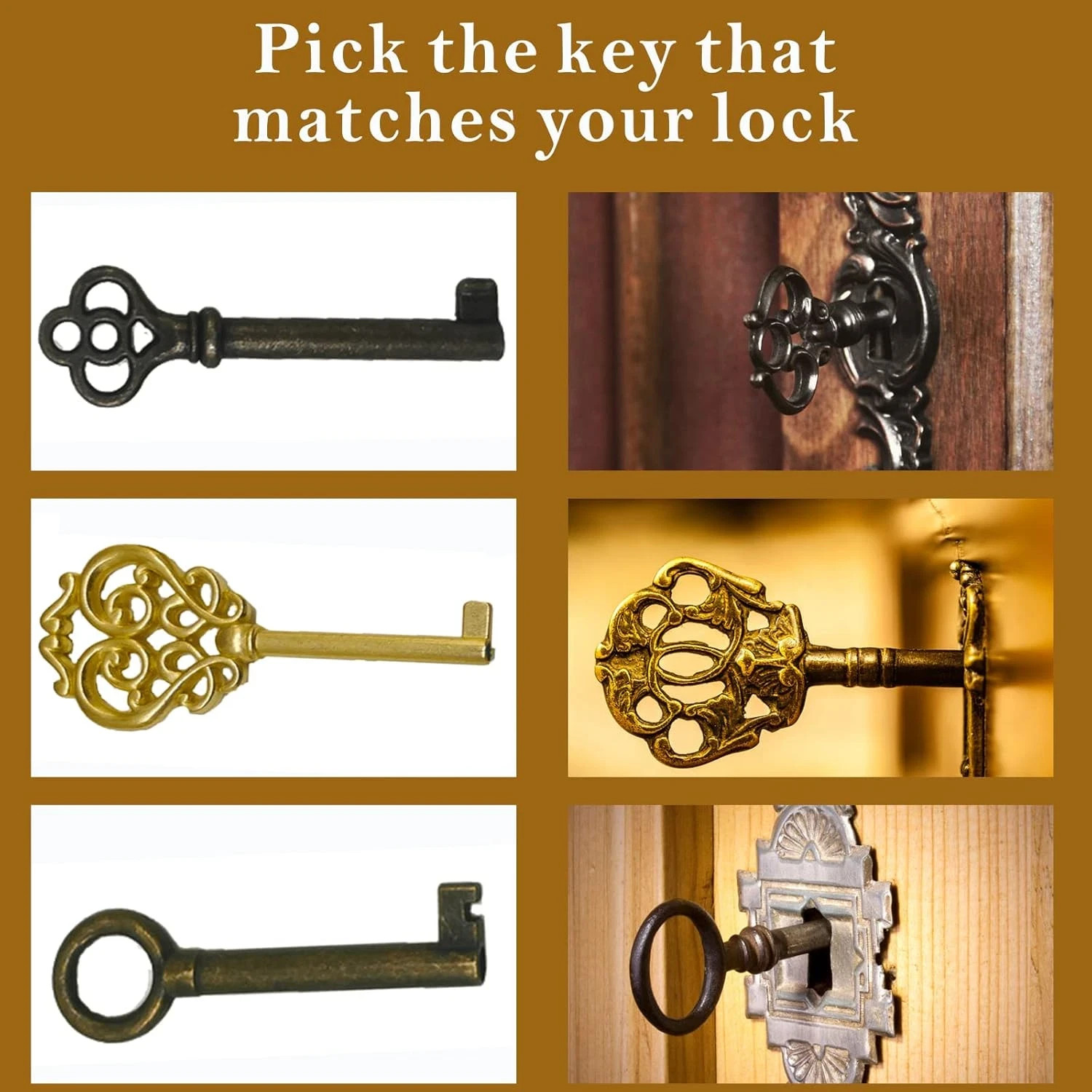 10 Pack Antique Style Skeleton Replacement Keys for Cabinet Furniture Lock Gold