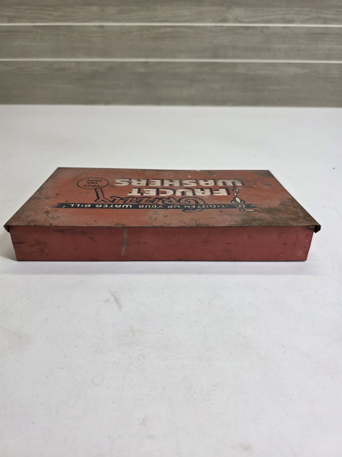 Vintage Plumbing Advertising Grizzly Faucet Washers Orange Metal Box