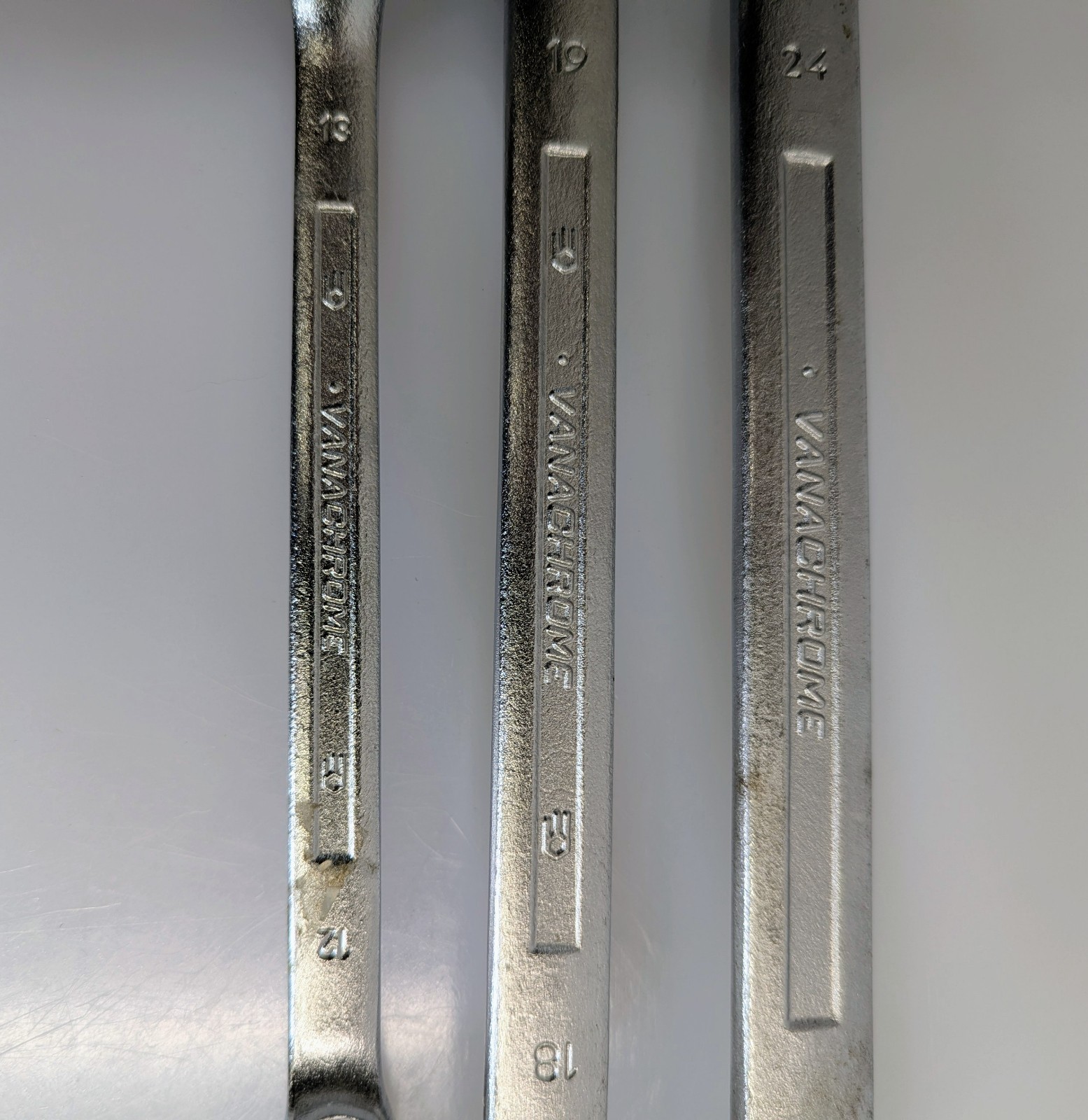 Three vintage no. 55 Facom France offset box end wrenches 12×13 18×19 22×24