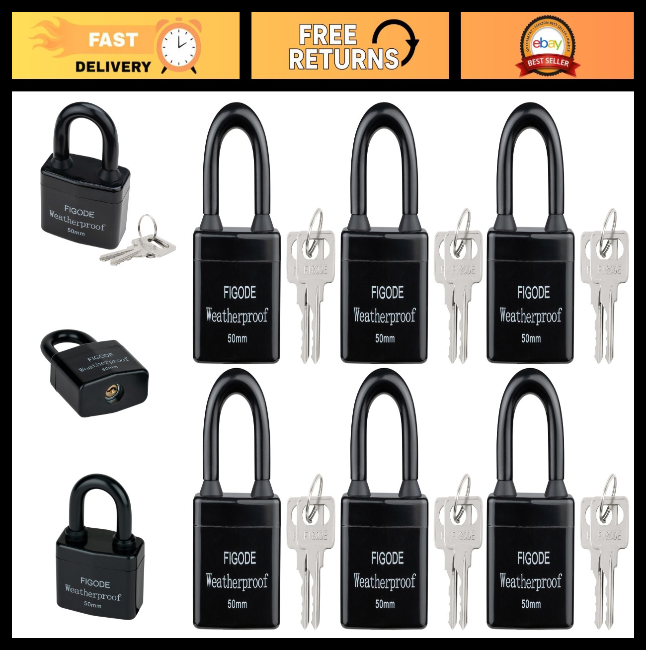 Heavy Duty Waterproof Padlocks – 2.2″ Wide Laminated Steel, 6 Locks Same Key, St