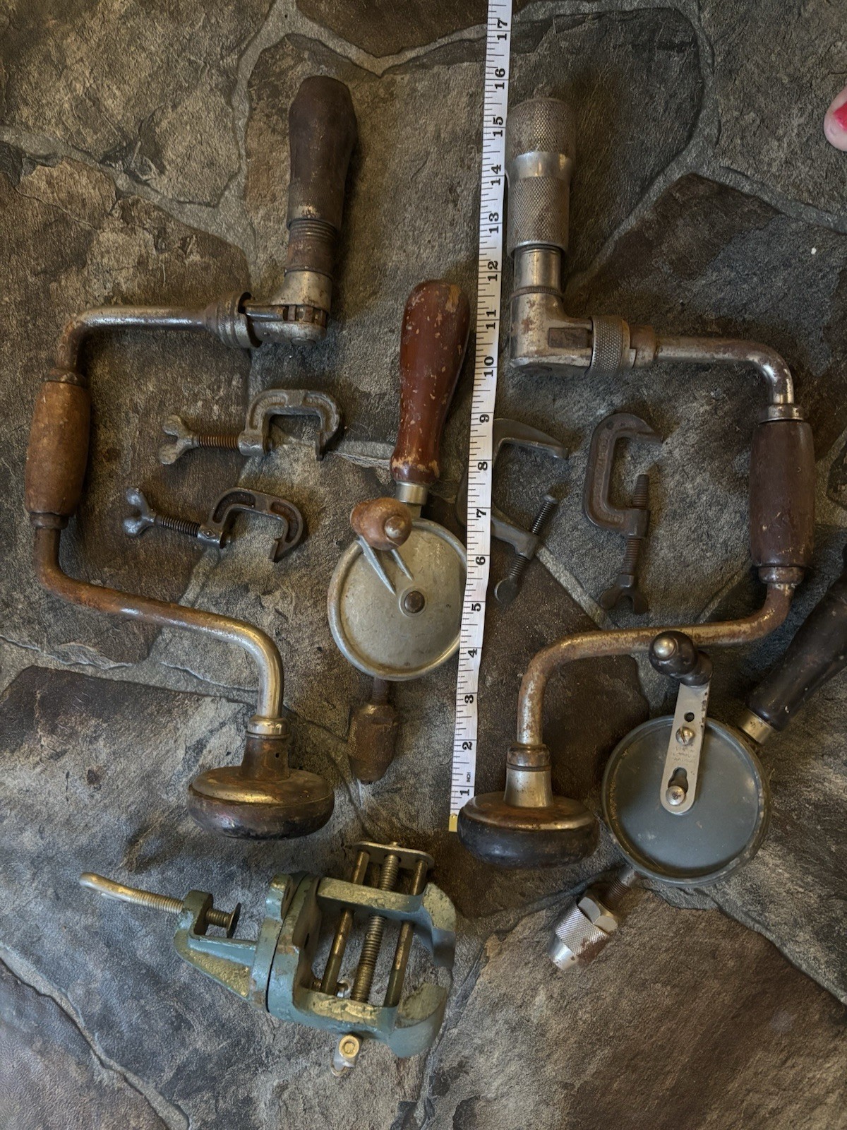 Lot of Vintage Hand Drills Bit Brace Clamps Woodwork Handcraft