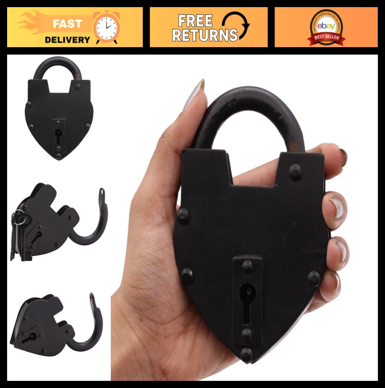 Antique Reproduction Heart Padlock with 2 Skeleton Keys – Vintage Style Hand For