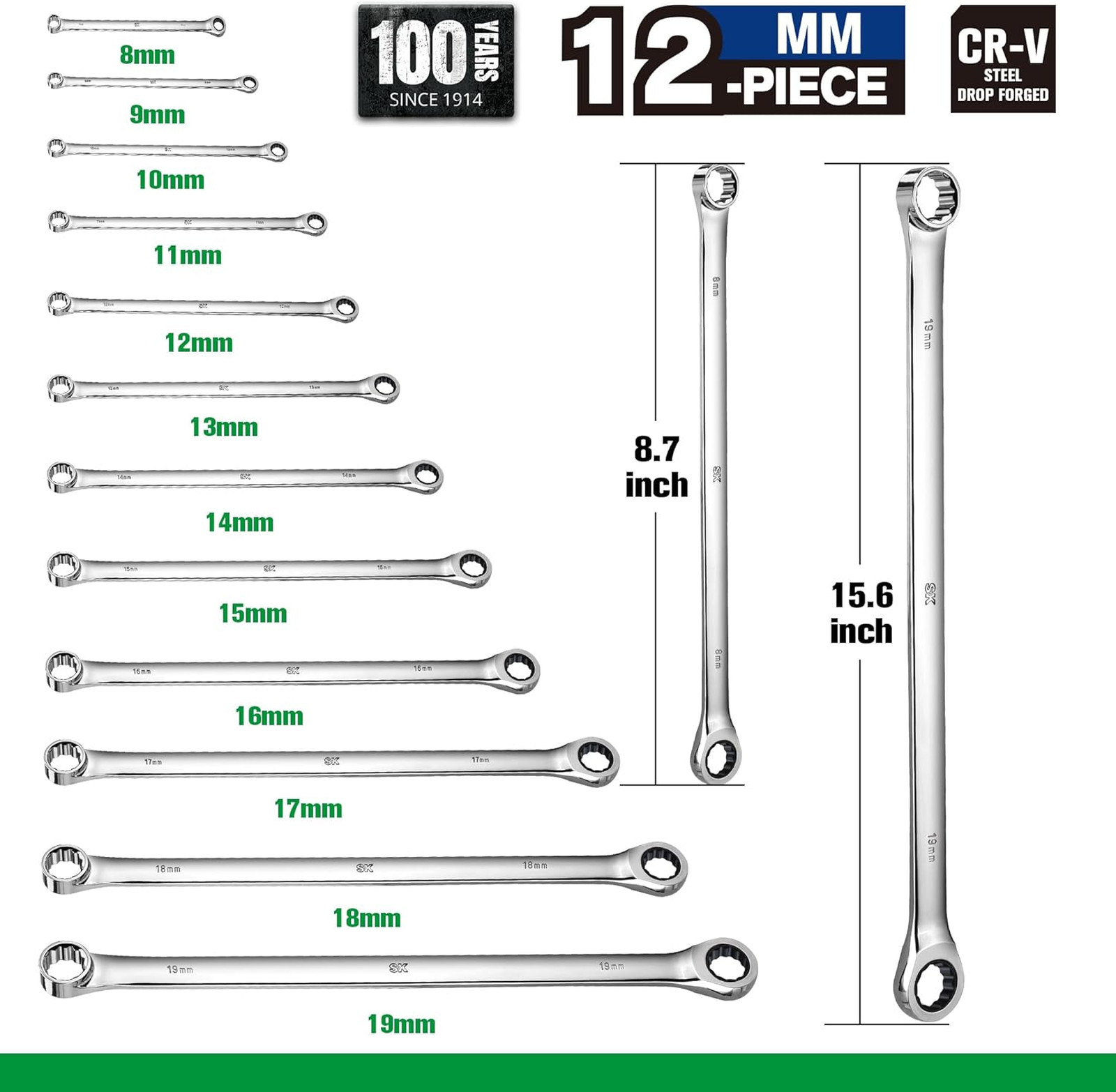Extra Long Ratcheting Wrench Set, Double Box End Wrench Set, 12-Piece, Metric, 8
