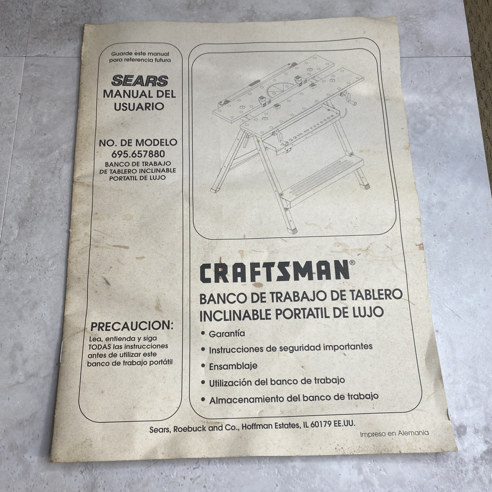 Vtg Sears Craftsman Deluxe Portable Tilt Top Workbench Owners Manual 695.657880