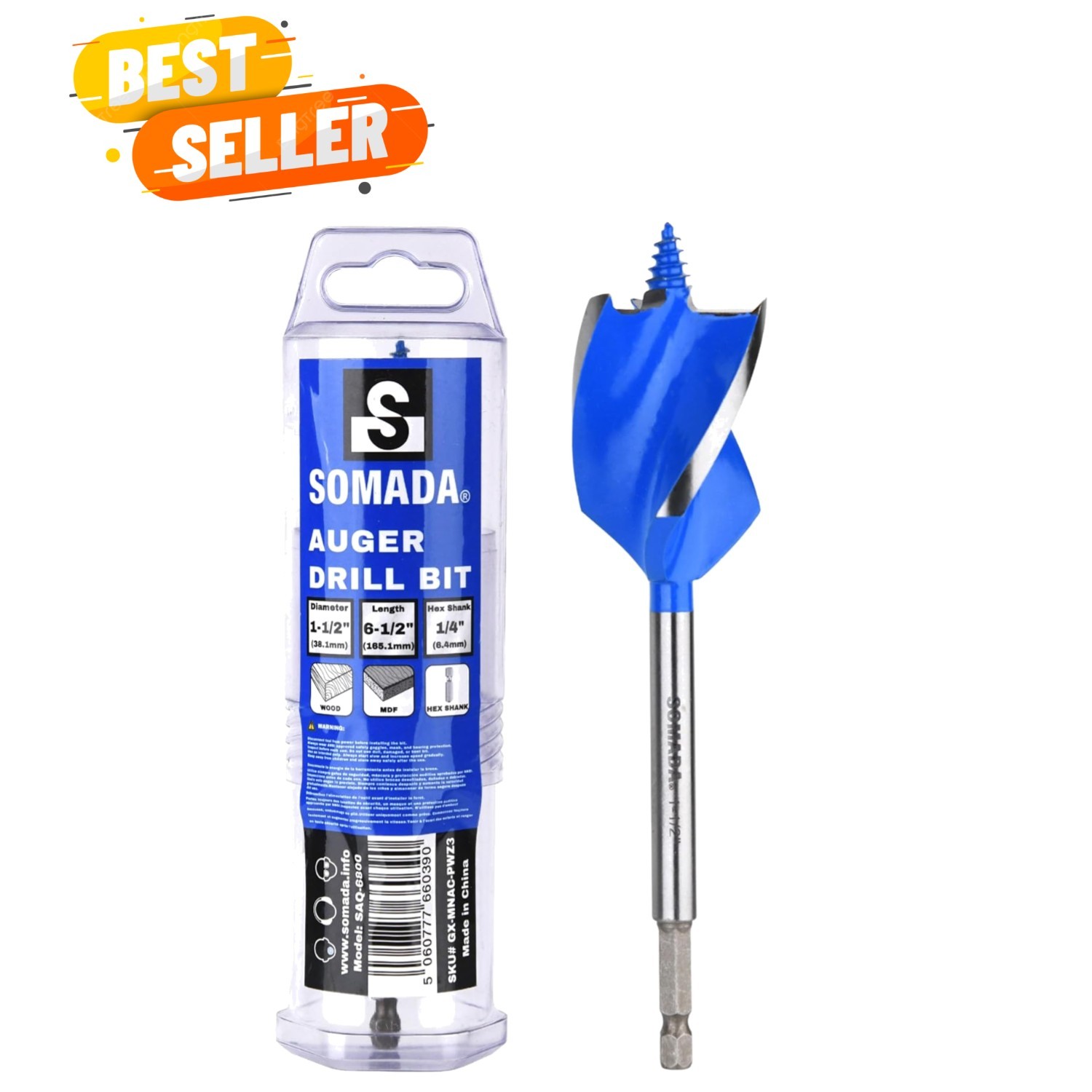 1-1/2-Inch x 6-1/2-Inch Auger Drill Bit for Wood, Quick Change Hex Shank 1/4-…