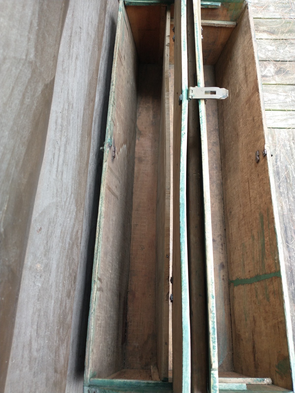 Primitive Antique Wooden Tool Box 32″ x 12″ Rustic Painted Carpenters Tote Chest