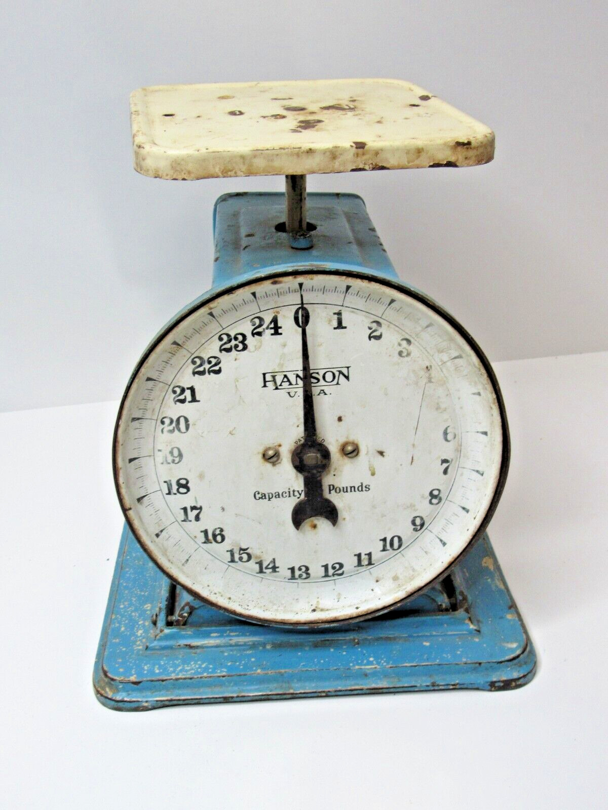Vtg BLUE LITHO HANSON Utility Baby Kitchen Scale 25 lb USA Heavy Cast Iron USW