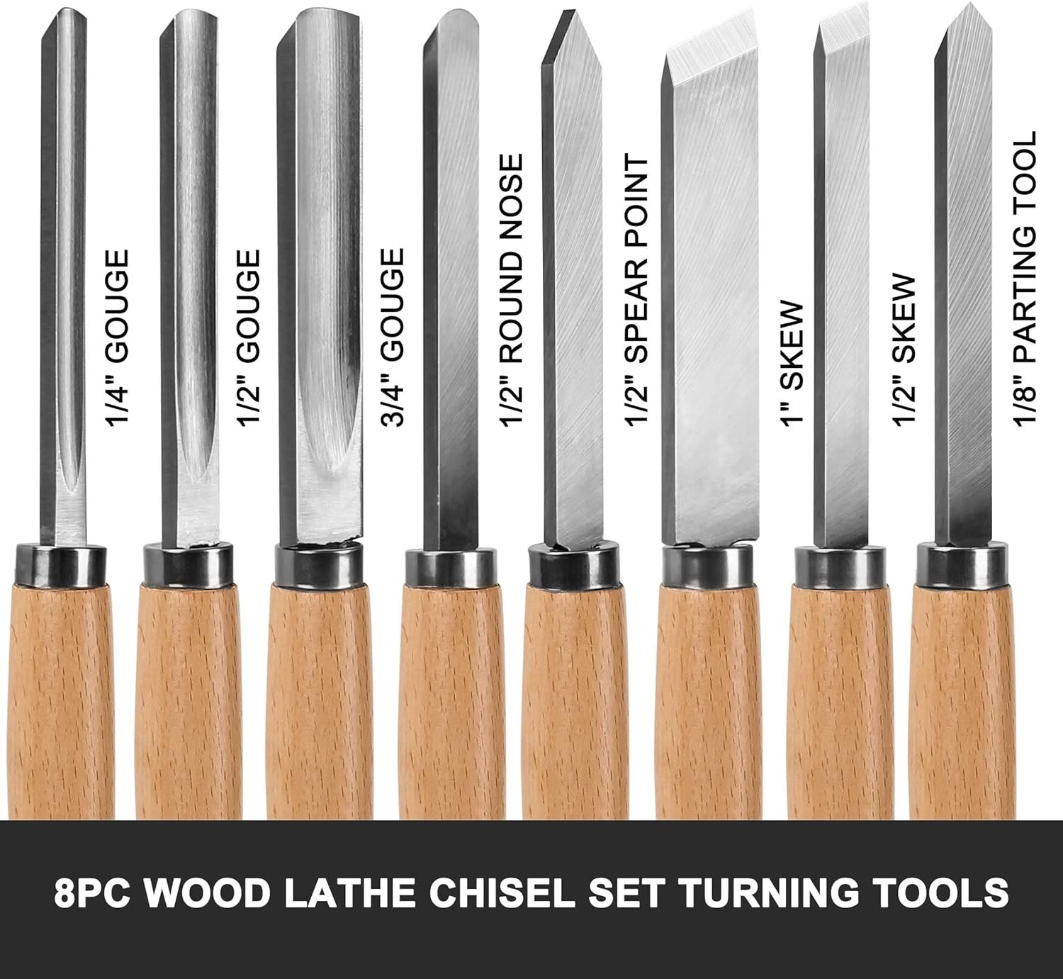 HAUTMEC Professional Wood Turning Chisel 8 pcs Set, Lathe Chisel Set with 2 Skew