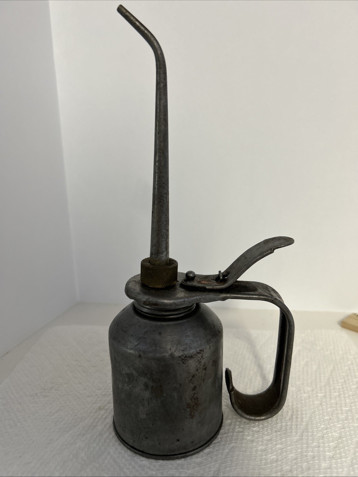 Vintage Metal Oil Can Rustic Collectible with Long Spout and Pump Handle Display