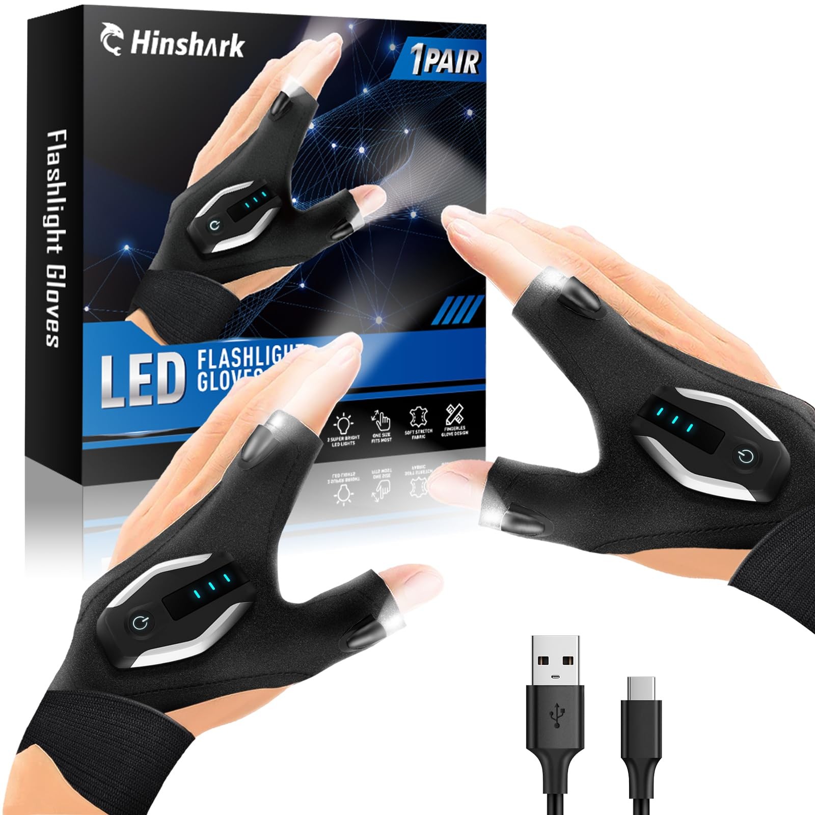 Hinshark Gifts for Men LED Flashlight Gloves, Anniversary One Size, Black