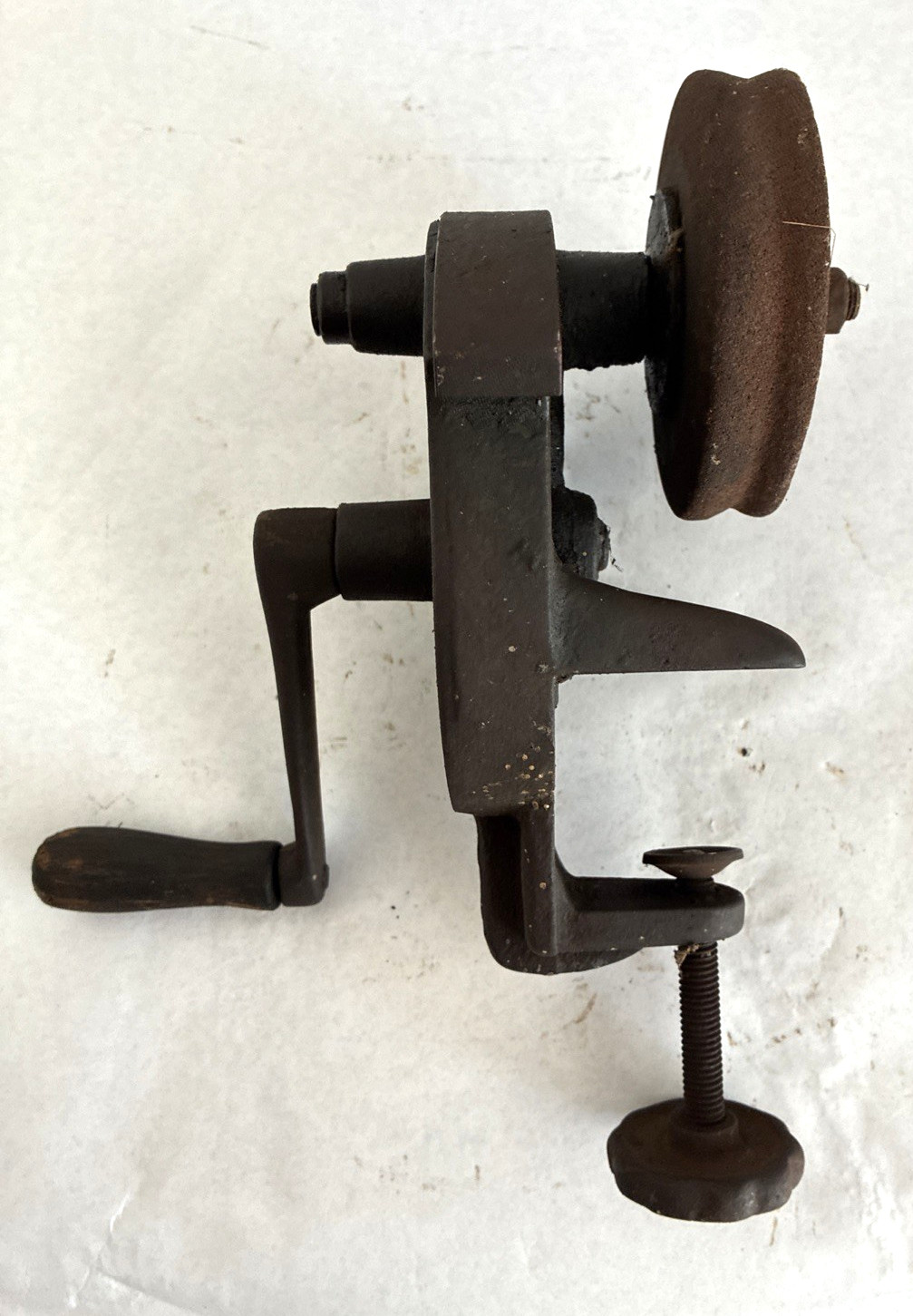 Antique Vintage Hand Crank Clamp On Bench Grinder Sharpener Working