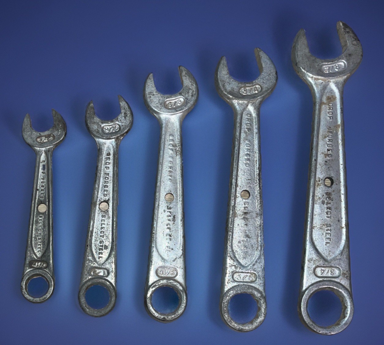 Vintage Auto Kit No. 100 SAE Combination Wrench Lot (5) Indestro Drop Forged