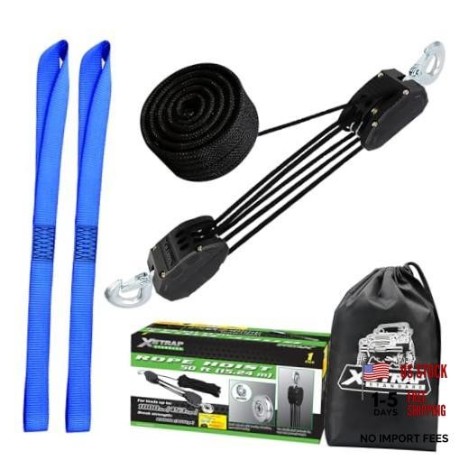 XSTRAP Rope Hoist 50 Feet Block and Tackle Pulley System Upgraded 50ft Black