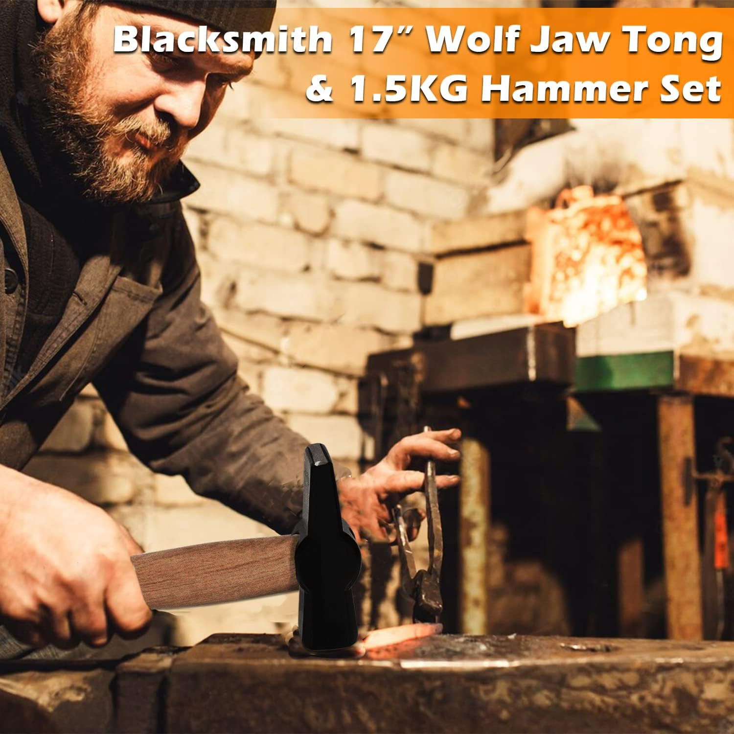 Premium Blacksmith Wolf Jaw Tong & 17″ Swedish Pattern Hammer Set