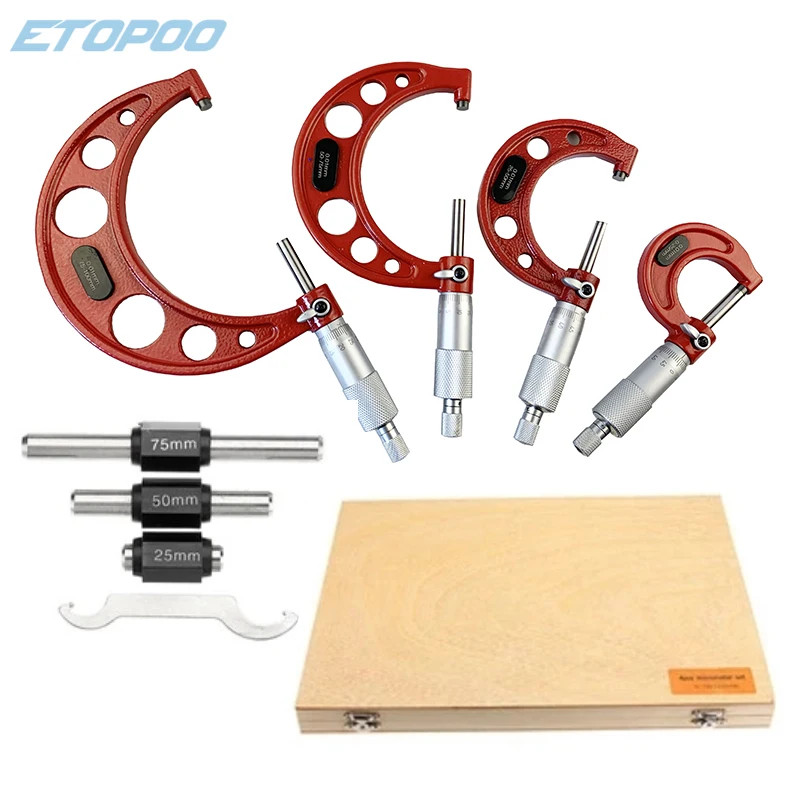 0-25mm-50mm-75mm-100mm Outside Micrometer Set with Standards Ratchet Stop