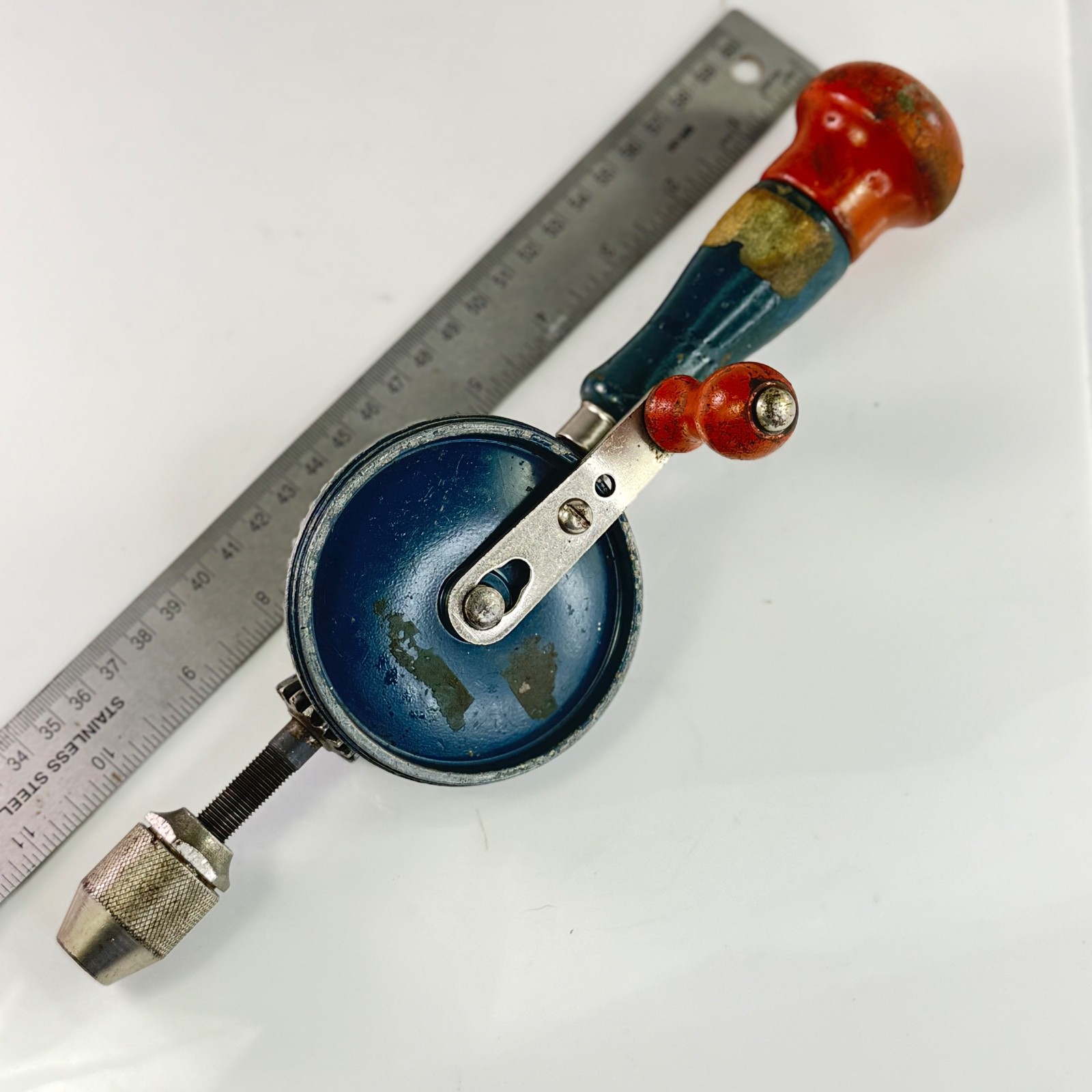 Vintage Bevel Gear Hand Drill Morse Taper Chuck Red Blue Handle 10″