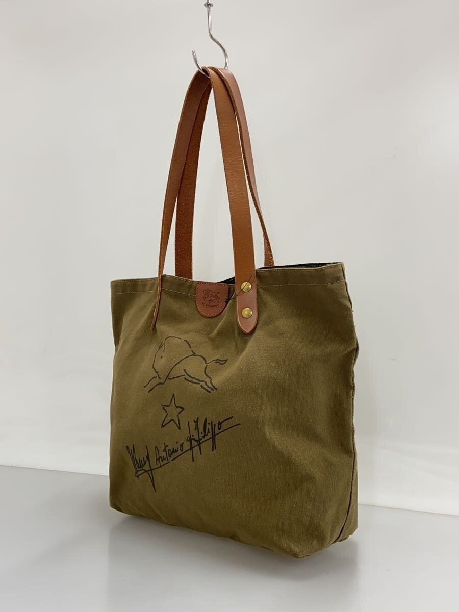 IL BISONTE Tote Bag Canvas Khaki 27-36cm Used Slight Scratches Stains