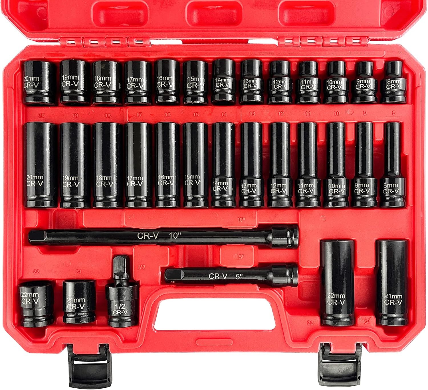 33pcs 1/2″ Impact Socket Set (8-22mm), Metric Socket Set, Cr-V Steel, 6 Point De