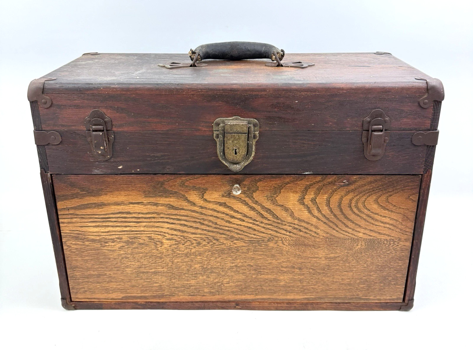 Vintage Oak Wood 7 Drawer Metal Corner Caps Machinist Chest Tool Box Industrial