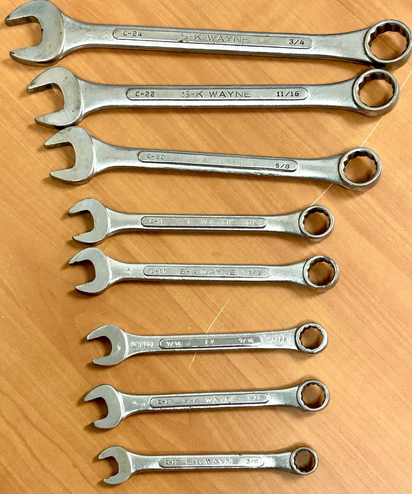 Vintage S-K Wayne USA SAE Combination Wrench Set 8 Pc 3/8-3/4 12 Point