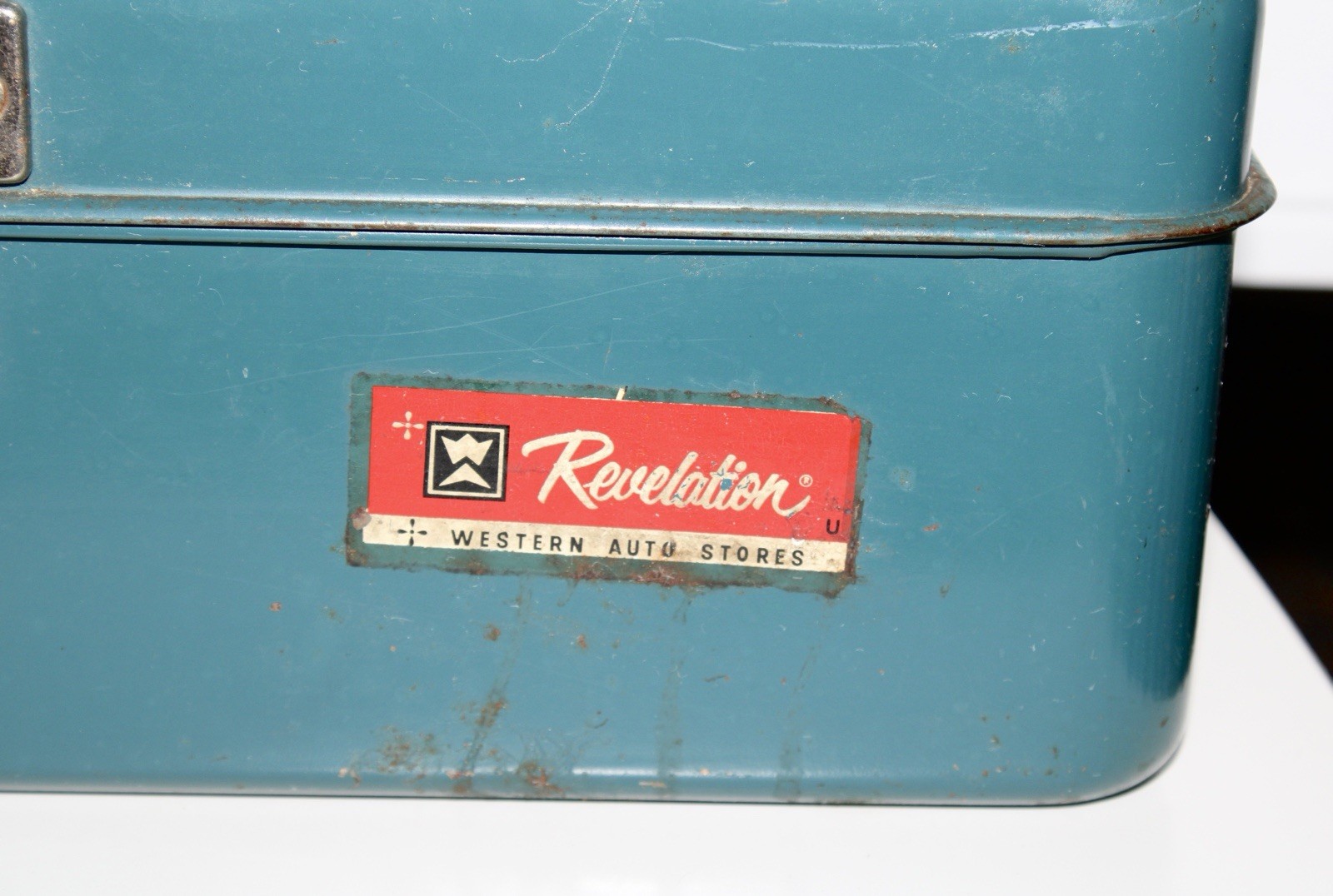 Vintage Revelation Western Auto Stores Metal Tackle Tool Box Ruler Blue No Shelf