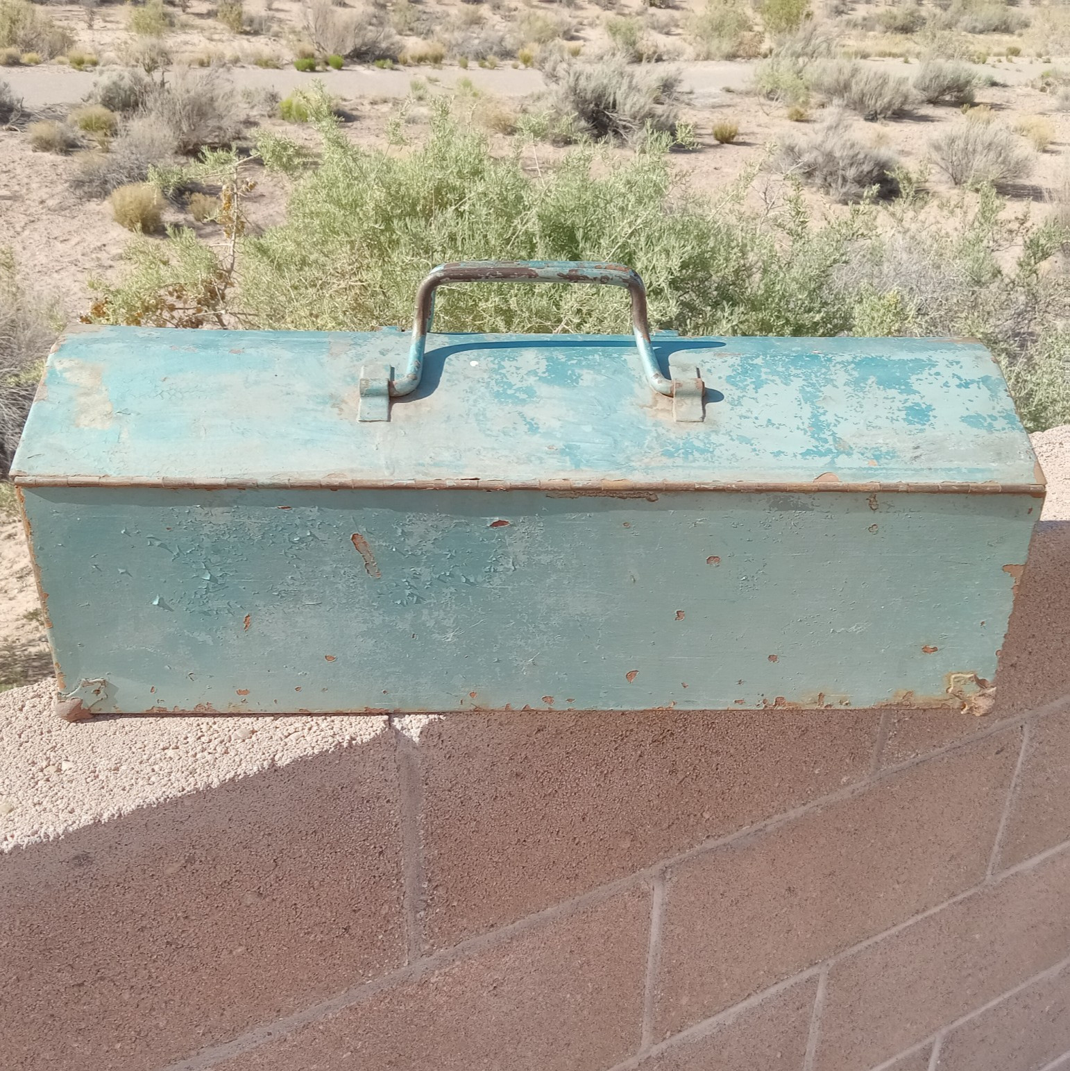 Antique RADNOR? METAL Hip Roof TOOLBOX with TRAY Tombstone USA Vintage