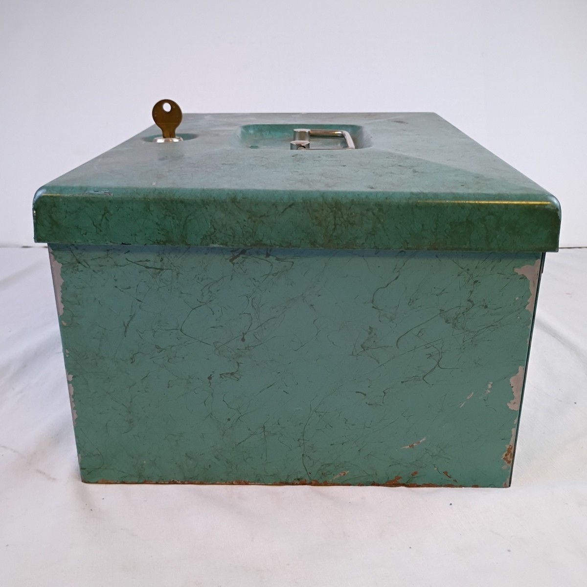 Vintage Sears Roebuck and Company Green Metal Lock Box with Handle and Key Heavy