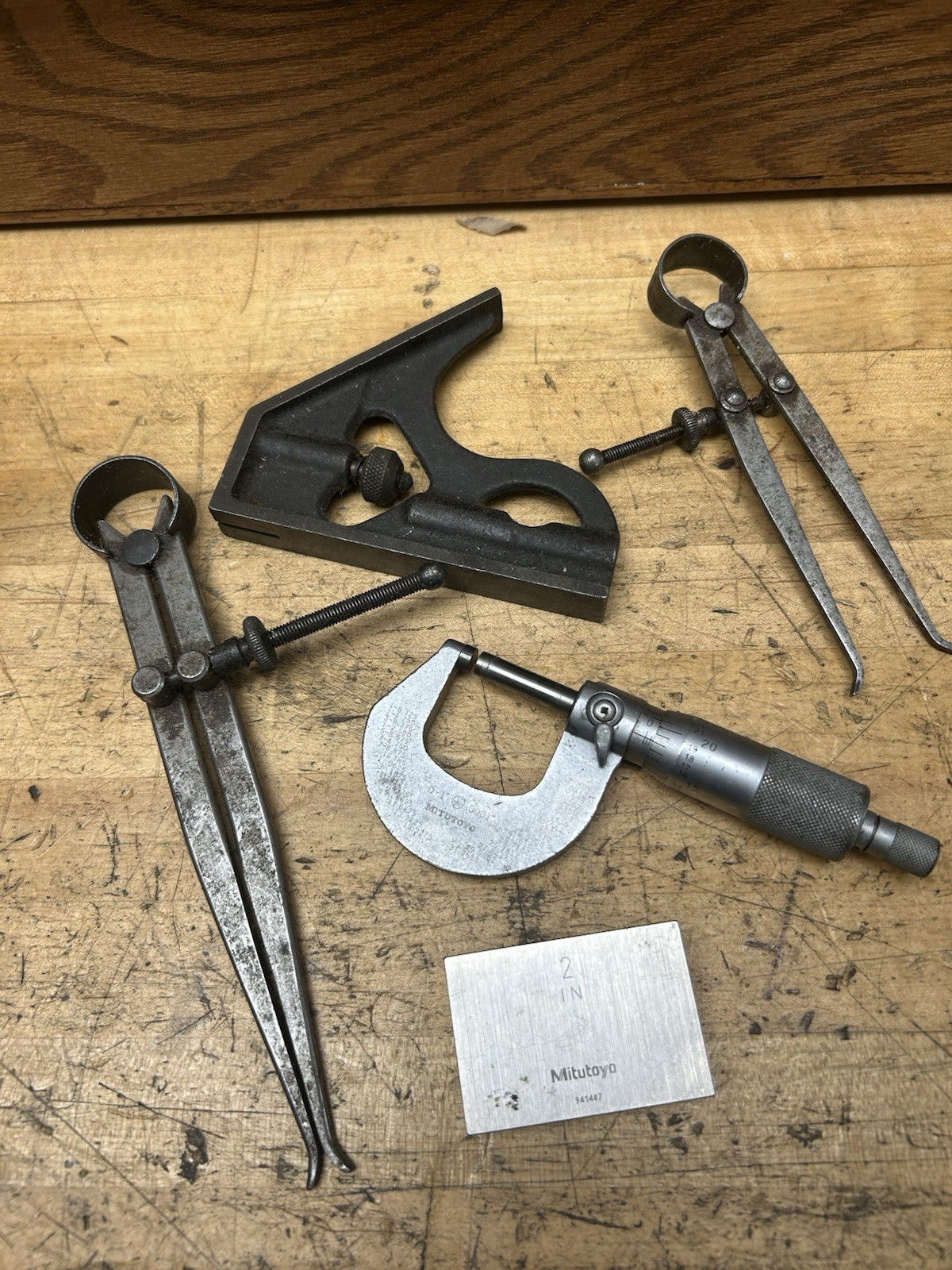 Machinist Tools Lot, Mitutoyo 0-1” Micrometer, Calipers, Gage Block, Combo Squar