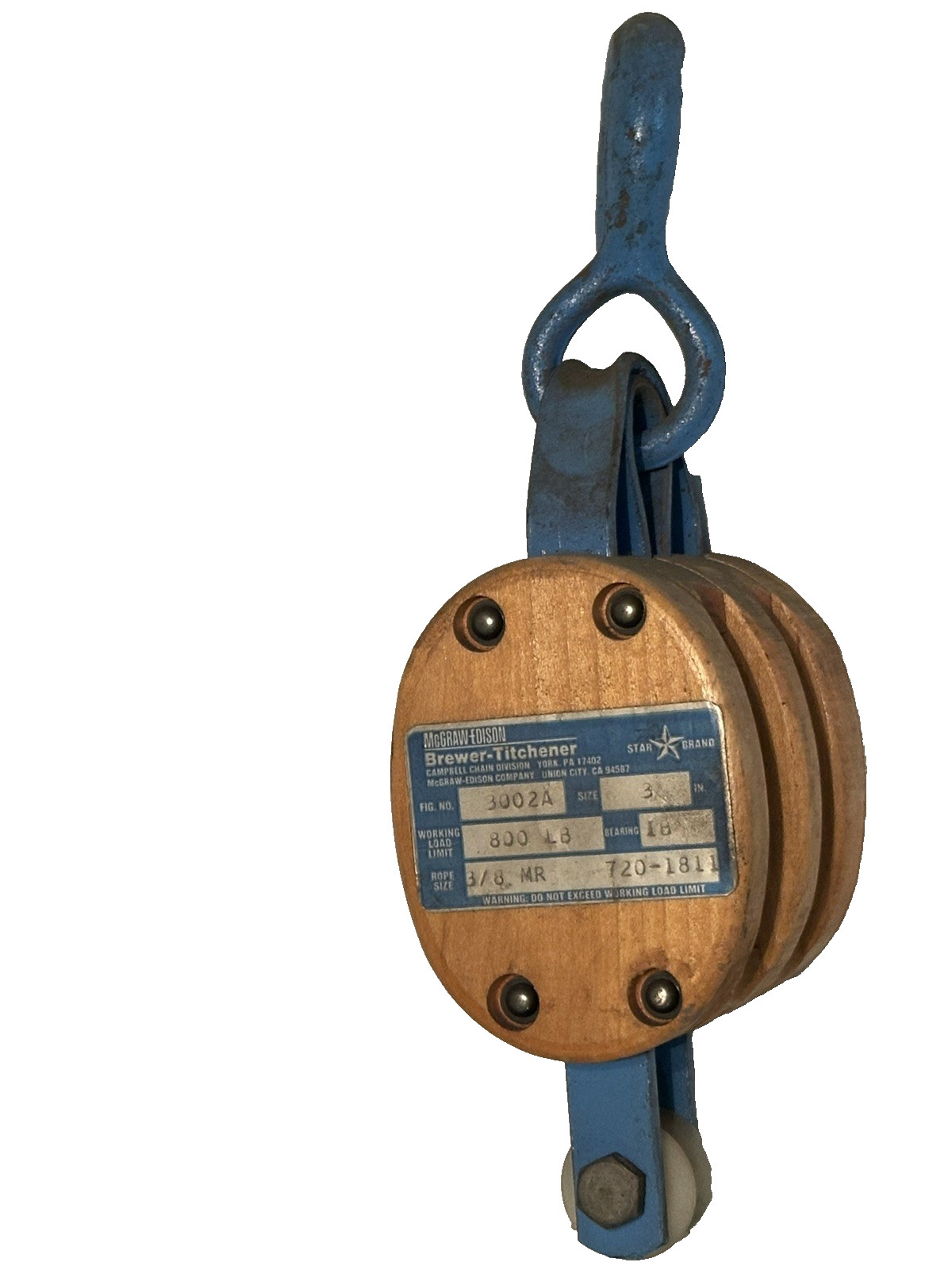 McGraw Folsom Brewer-Titchener wood, iron, 3″ double pulley