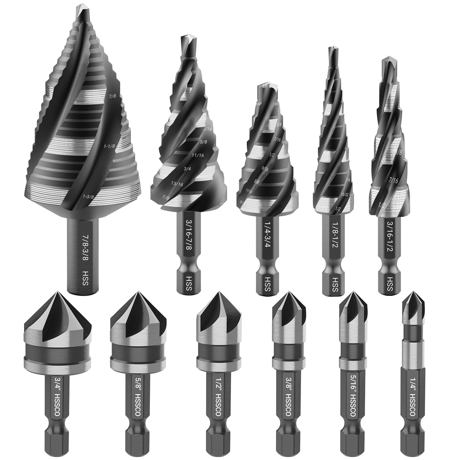 5 Pcs Four Spiral Flute Step Drill Bit Set, 6 Pcs Countersink Drill Bits with…