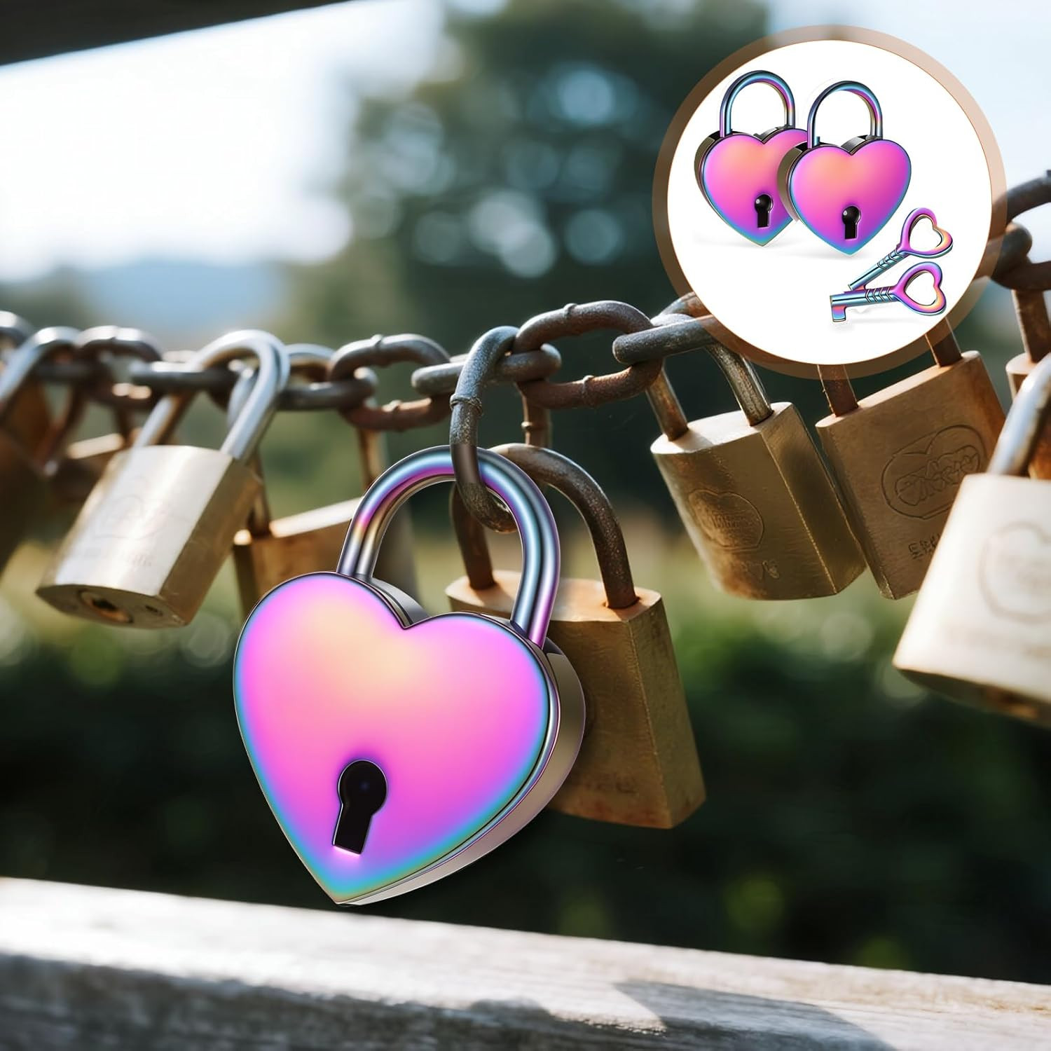 2 Pcs Heart Shaped Lock, Love Lock for Bridge, Colorful Hearts Locks and Key, He