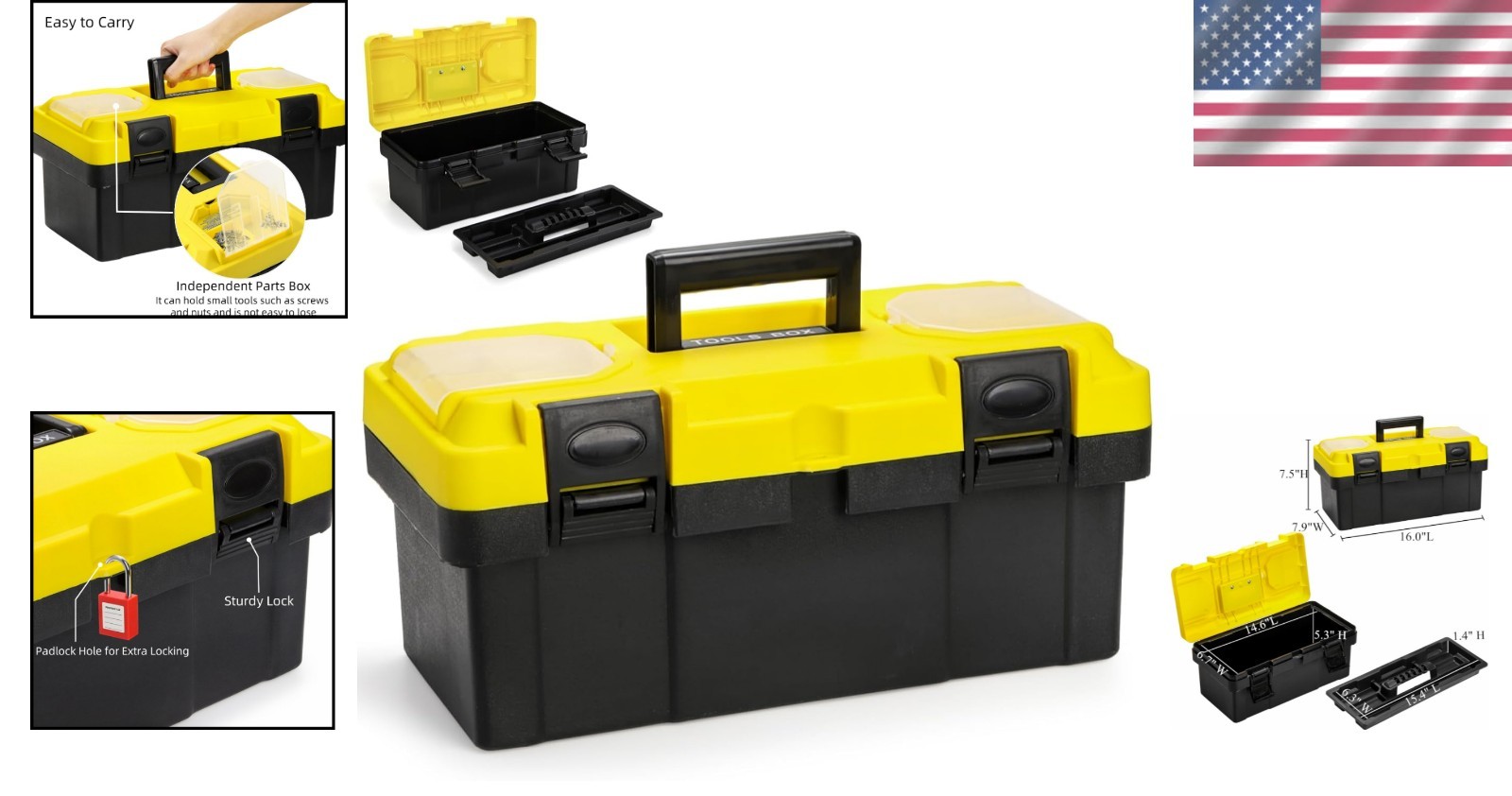 Stylish Black & Yellow 16-Inch Heavy Duty Tool Box – Versatile & Secure Storage