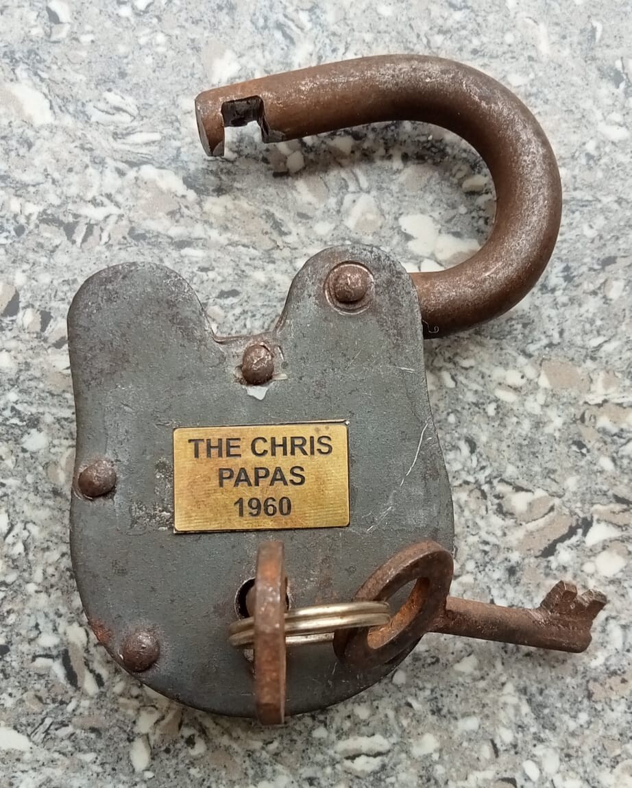 Old Padlock Key Set , With Brass Logo The Chris Papas 1960 Blacksmith Heavy Lock