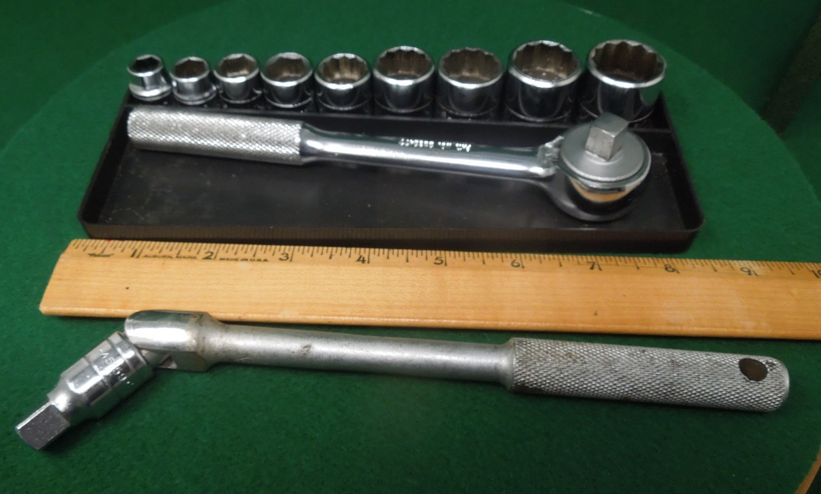 S-K Tools 3/8” Socket Set (9), Ratchet 45170 USA w/ Metal Case, Breaker Bar, Ext