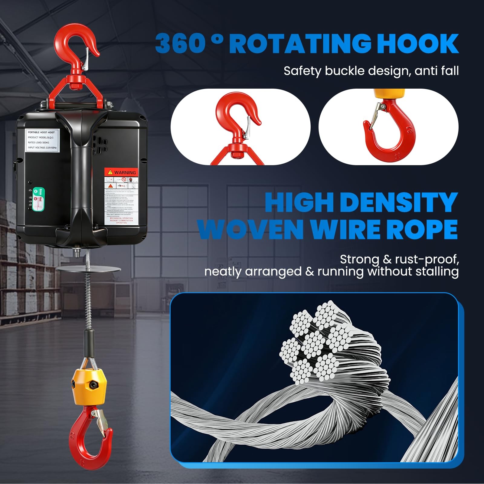 NEWTRY 3 in 1 Electric Hoist Winch 1,100lb 1100lb, 110V, 110V US Plug