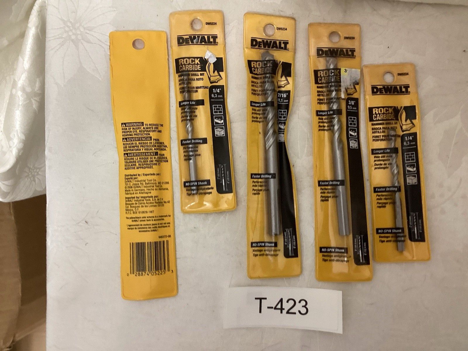 Dewalt Rock Carbide 5 PC, 2-1/4 6in, 1-1/4 Reg,1-3/8, 1-7/16 T-423