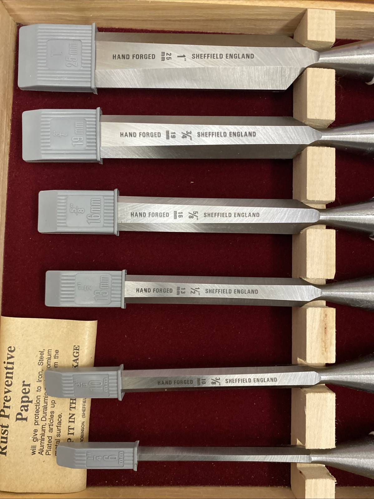 Marples Sheffield England Blue Chip Set of 6 Chisels In Wooden Box By Record