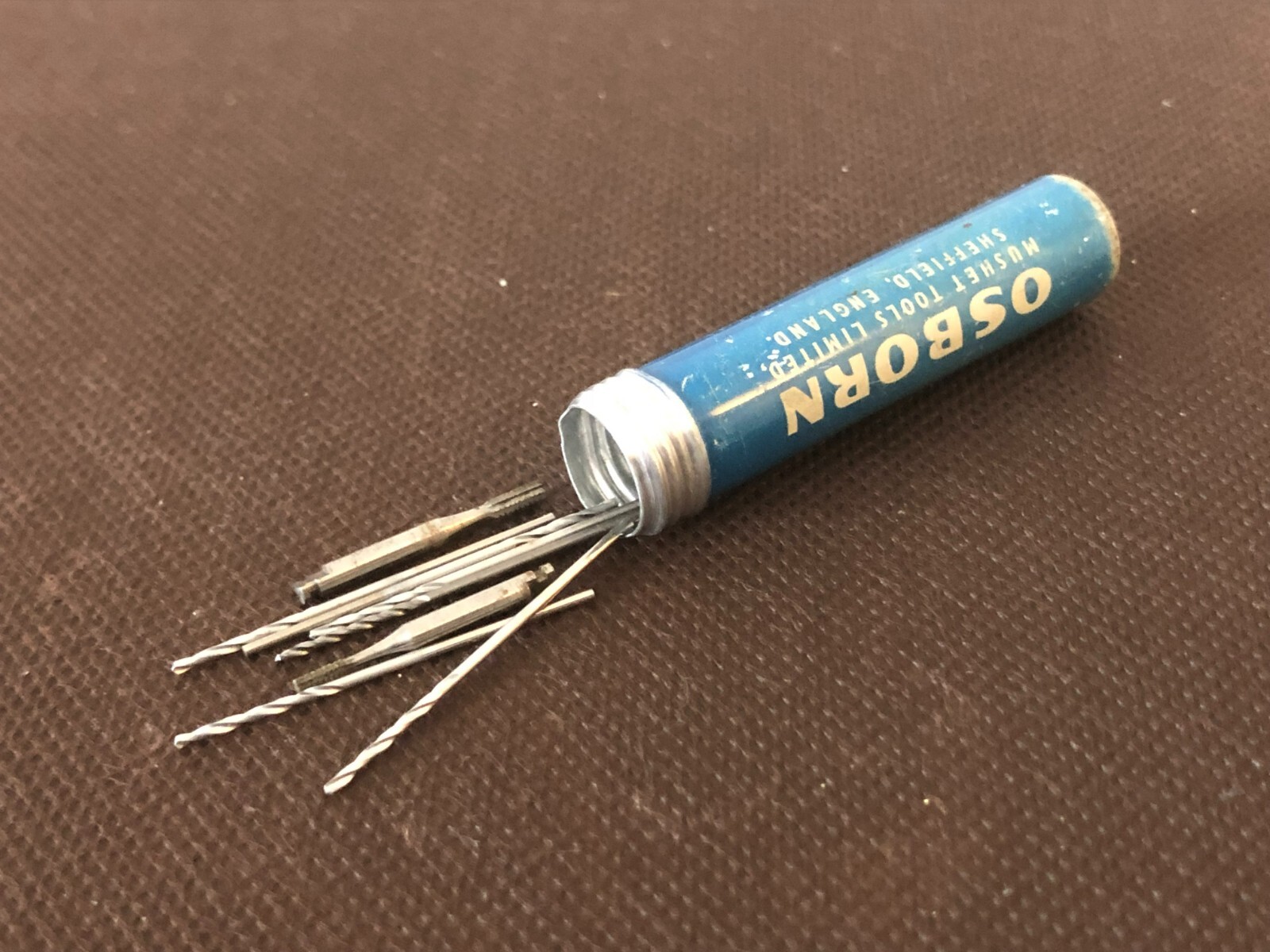 Vintage small tube Osborn Twist Drills, 1mm, Mushet Tools Ltd + mixed contents
