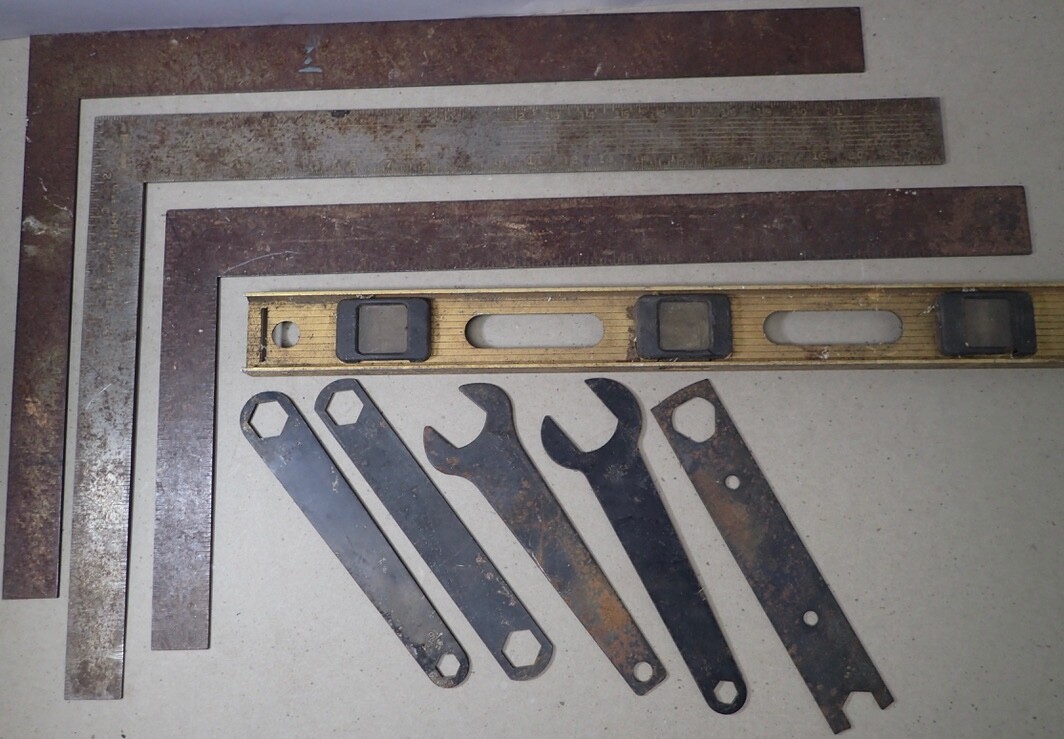 lot vintage shop garage hand tools Carpenter Squares Wrenches Level