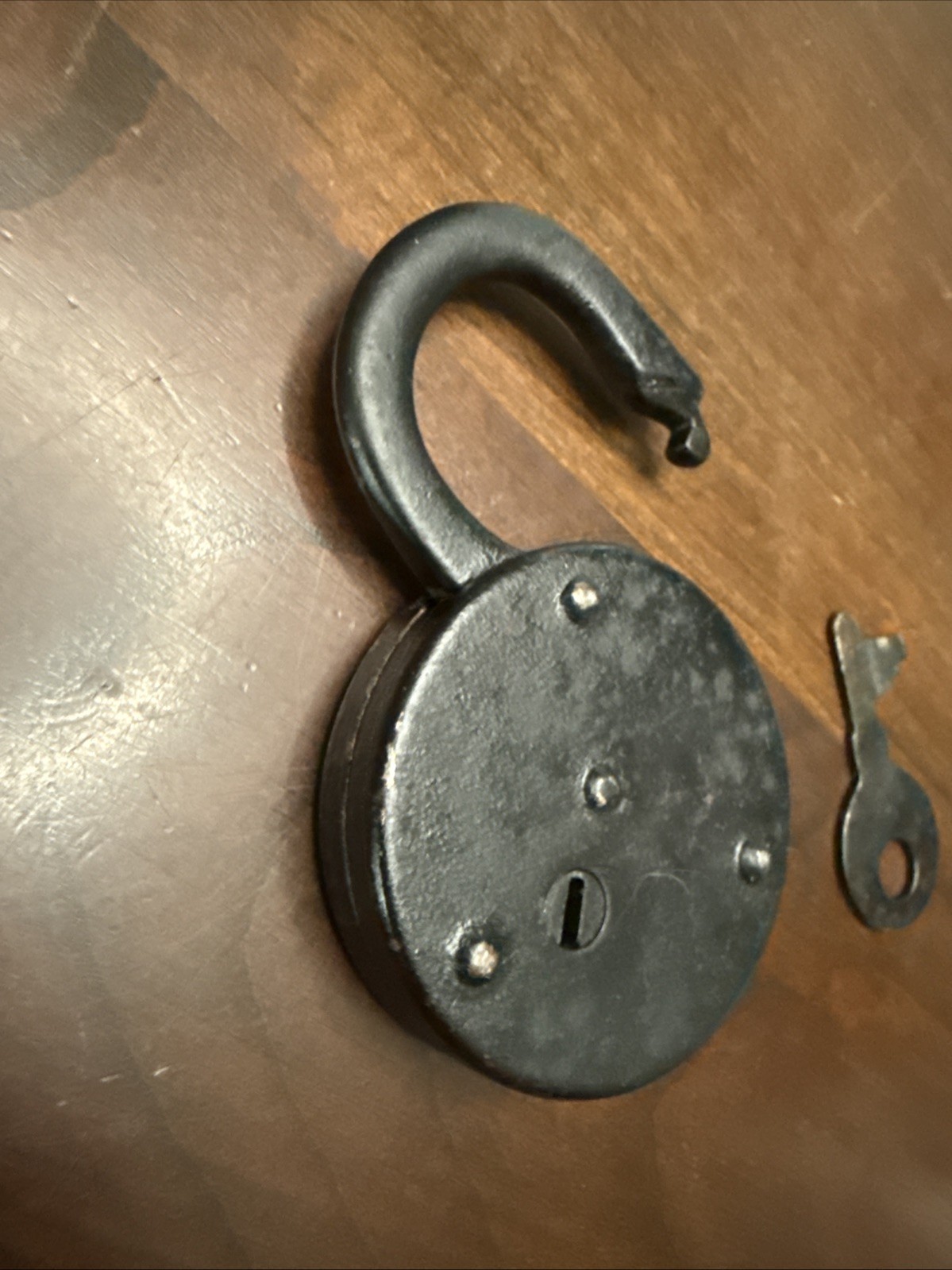 Antique Bruno Poorman’s Stamped Steel Tin Padlock Lock w Angled Key Works Pops