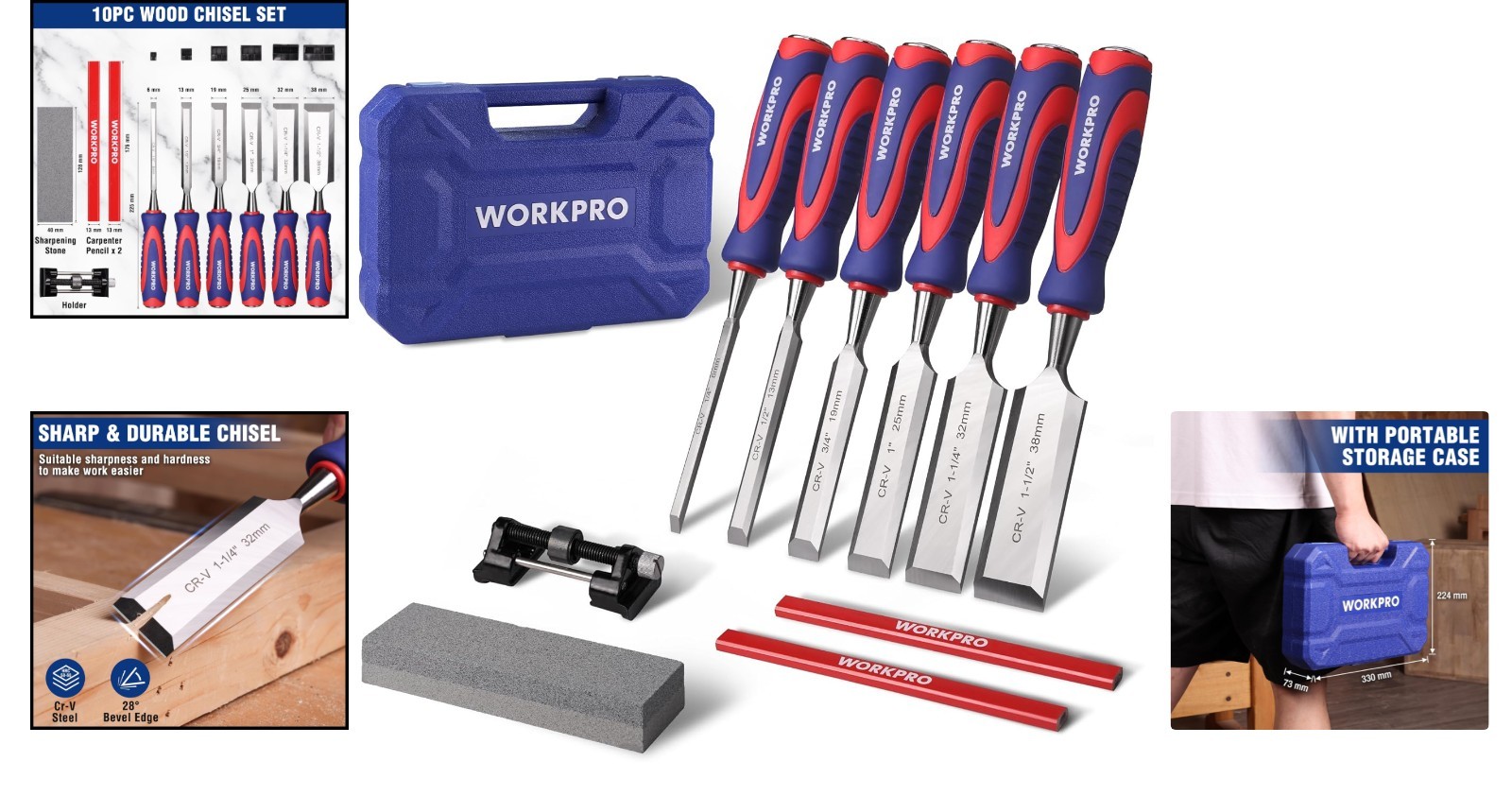 Complete Woodworking Chisel Kit – 10-Piece Bevel Edge Set with Sharpening Tools