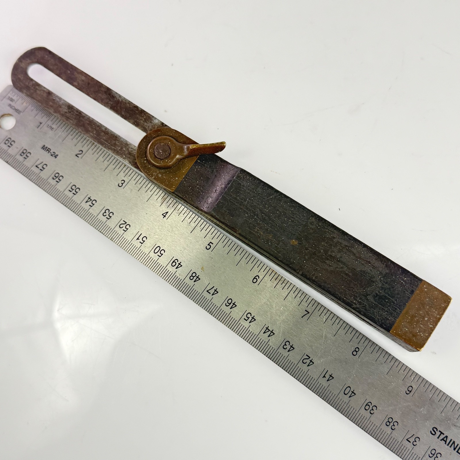 Antique Sliding T-Bevel Gauge Ebony Handle Brass Lever Lock & End Cap Unmarked
