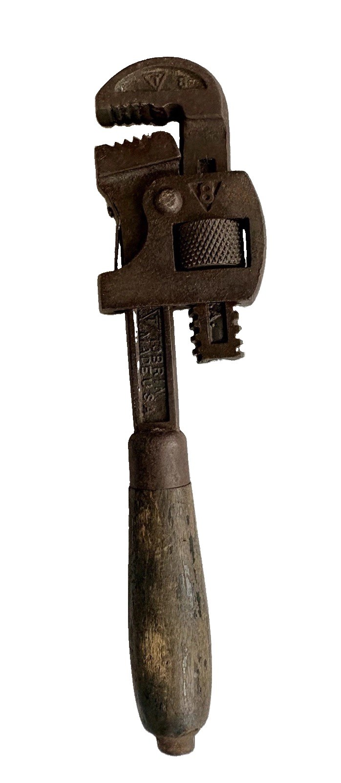 Antique Tobrin 8” Wood Handle Adjustable Pipe Wrench USA Hardware Collectible