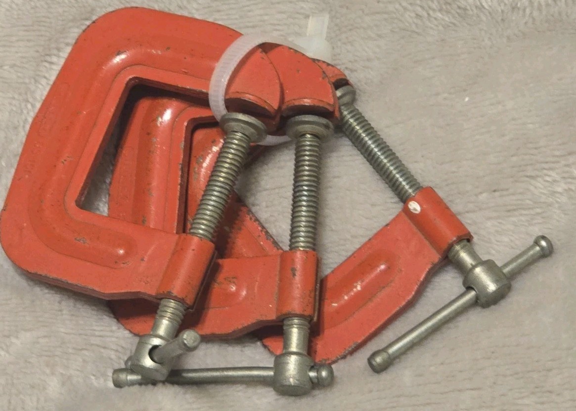 Lot of 3 Stanley 1 Inch (25mm) Orange C-Clamps Made in USA Woodworking Tools