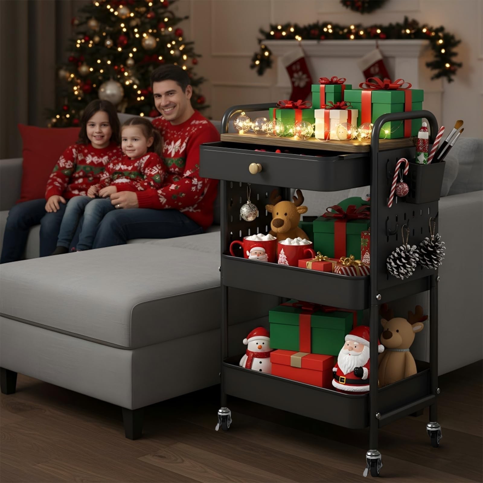 danpinera 3-Tier Rolling Cart, Metal Rolling Storage Cart with Wooden Table T…