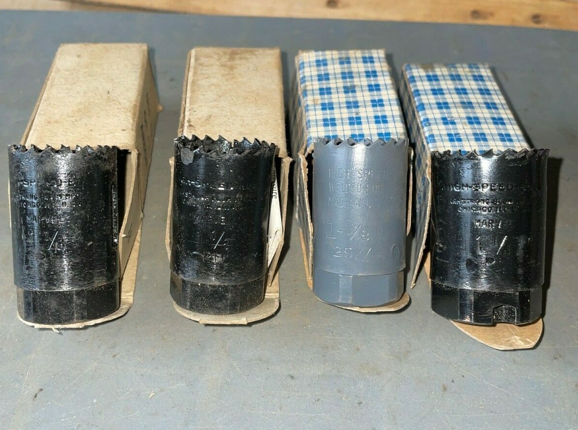 4 NEW + 1 USED HOLE SAWs, 1 LENOX 1-1/8″ , 3 MARVEL 1-1/8(2) + 1-1/4, & USED 1″